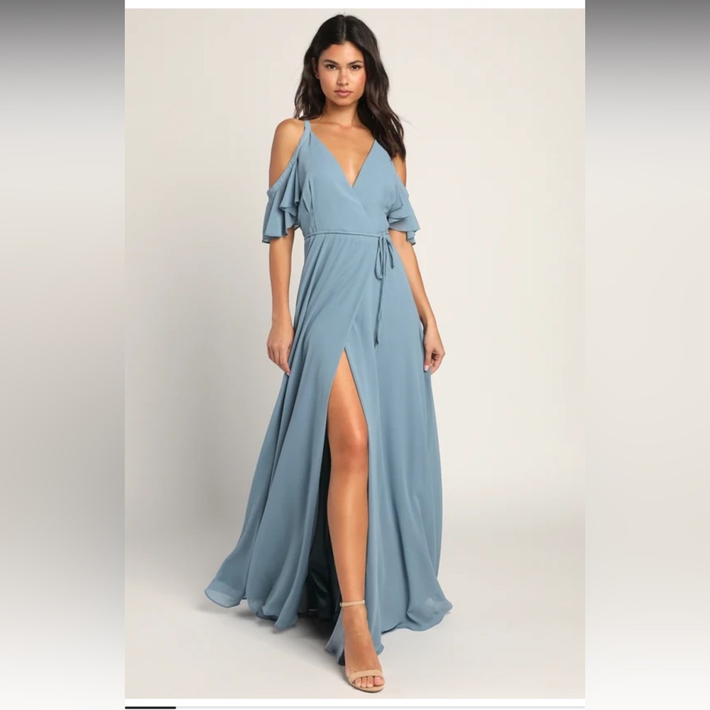 Lulus Easy Listening Slate Blue Cold-Shoulder Wrap Maxi Dress